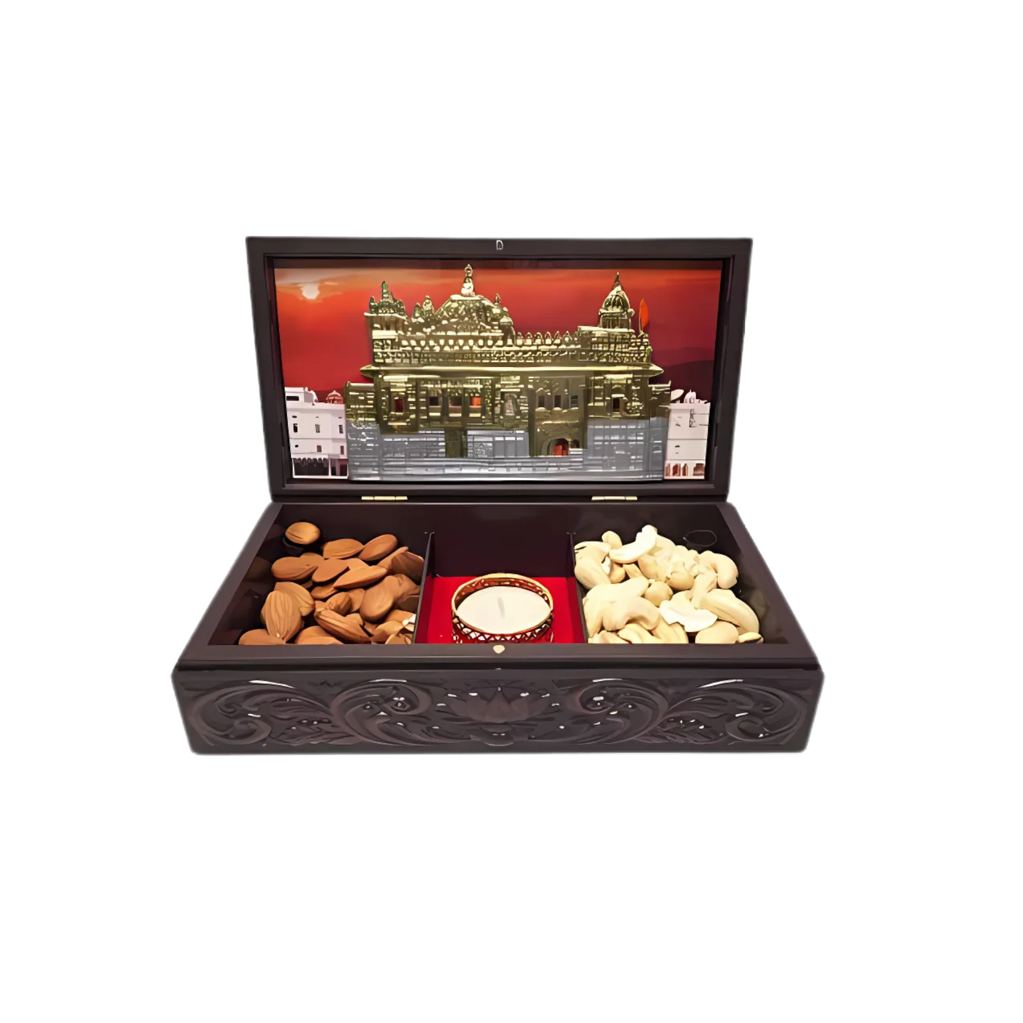 Gold Plated Satnam Shree Waheguru Godlen Temple Figurine in Decorative Box with Chandan Fragrance