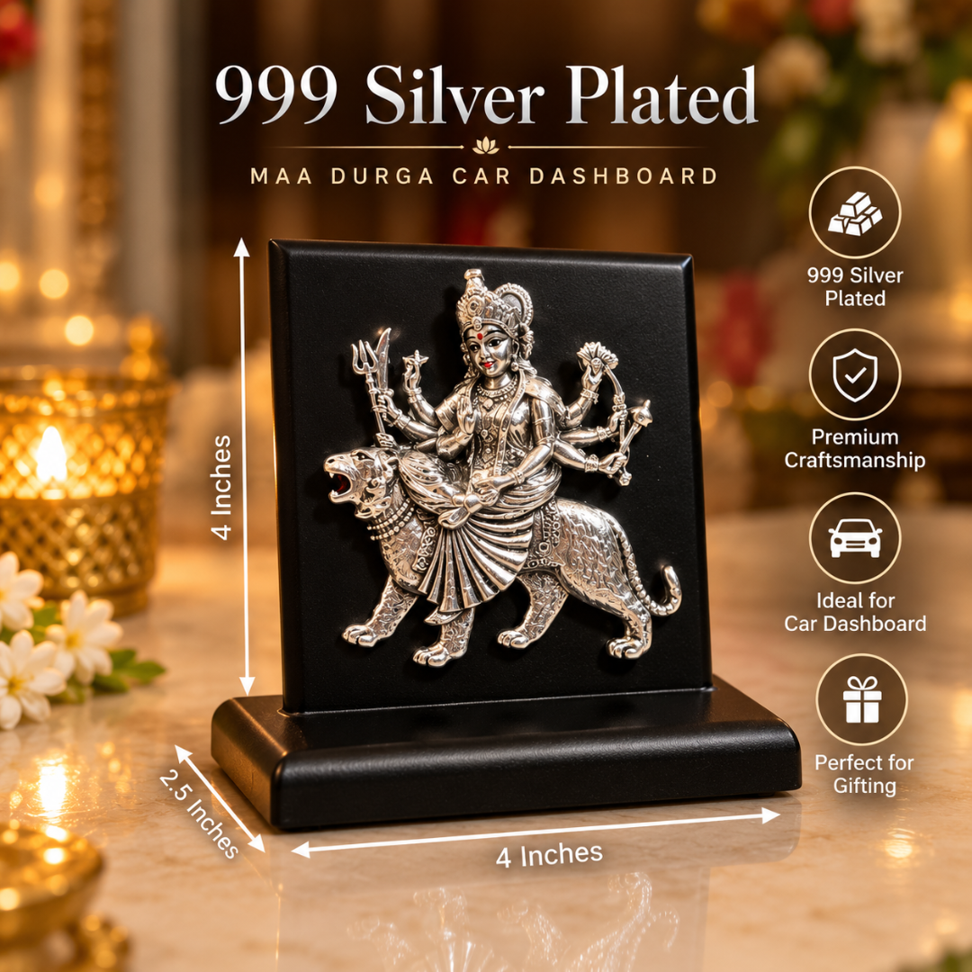 99 Silver Plated Durga Mata Idol with MDF Base in Gift Box, 4 x 4 Inches