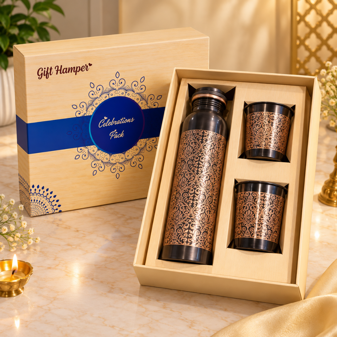 Intricate Traditional Floral Damask Design Pure Copper Water Bottle with 2 Glasses