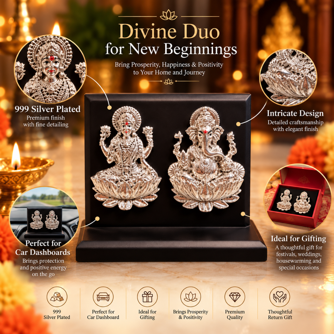 999 Silver Plated Lakshmi Ganesha Idol with MDF Base in Gift Box (4 x 6 Inch)