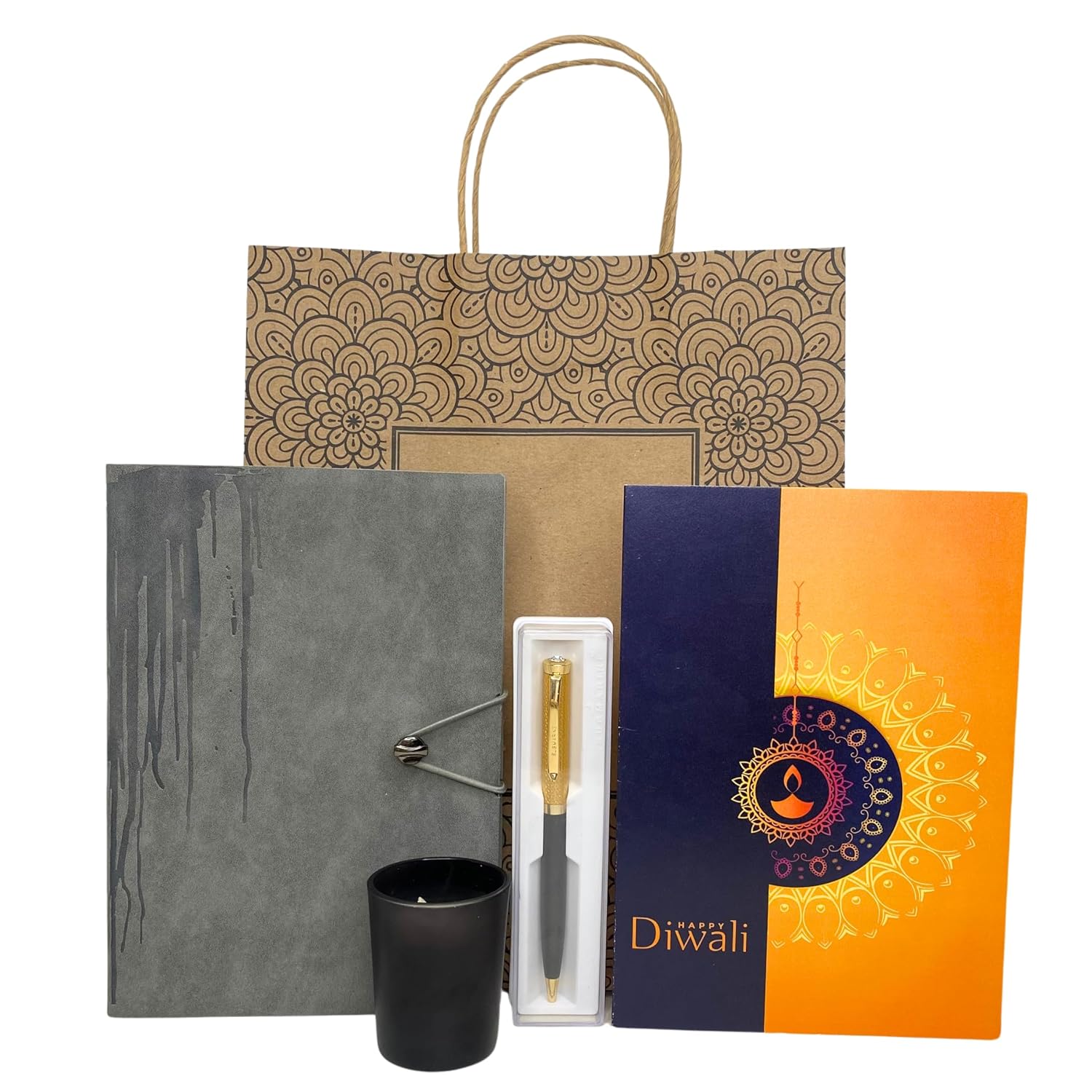 Diwali Gift Combo - Greeting Card, Scented Candle, Diary with Pen