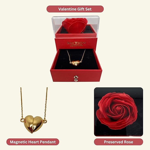 Forever Rose, Heart Shaped Pendant with Golden Detailing & Anti-Tarnish Chain in a Gifting Box