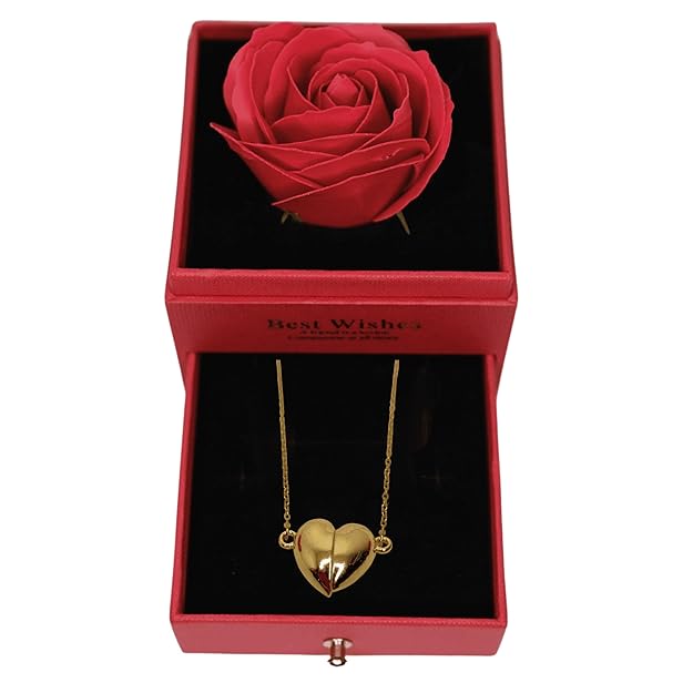 Forever Rose, Heart Shaped Pendant with Golden Detailing & Anti-Tarnish Chain in a Gifting Box