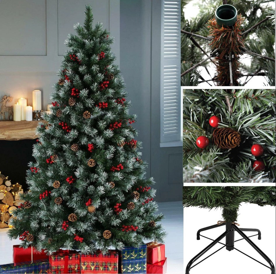Artificial Europeon Cherry Snow Pine Christmas Tree 6 Feet Heavy Bushy with Metal Stand - Imported Quality