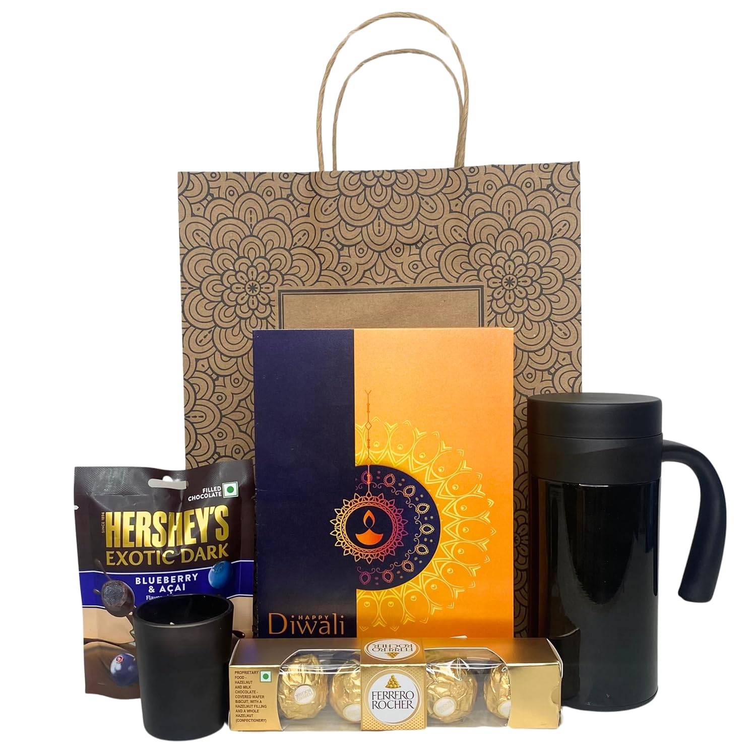 Diwali Gift Combo - Greeting Card, Scented Candle, Mug with lid, Chocolates