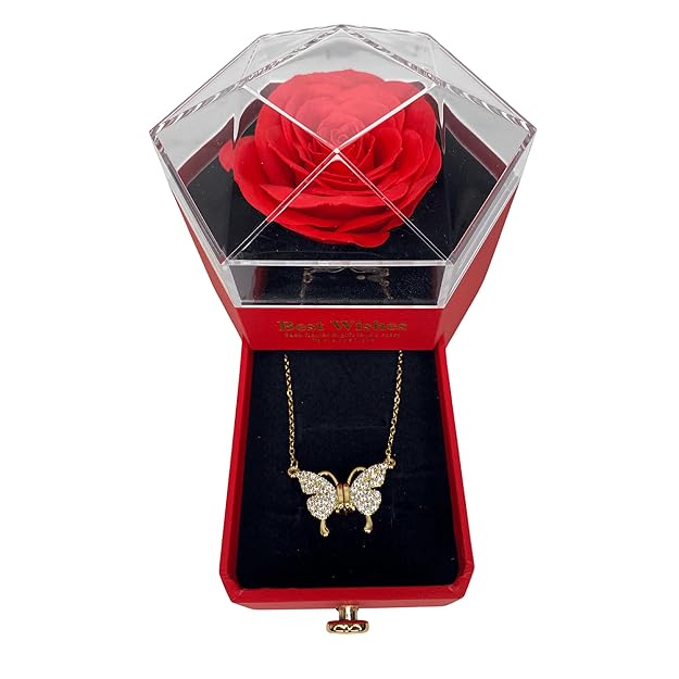 Magnetic Butterfly Shaped Pendant with Golden Detailing, Anti-Tarnish Chain and Forever Rose in a Gift Box