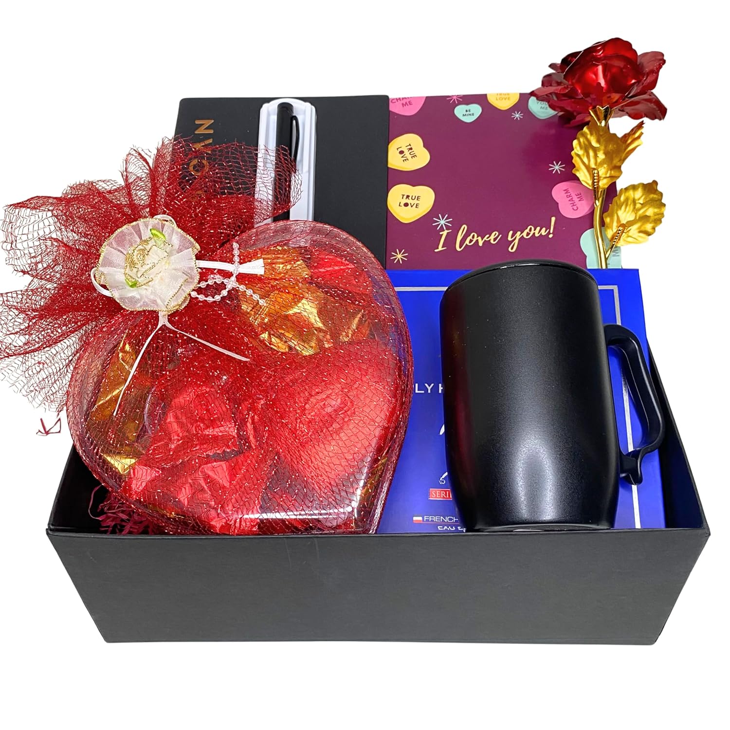Valentine’s Day Gifts for Men with Greeting Card, Rose, Diary, Pen, Mug & Perfume, Heart Shape CHocolate Gift Pack