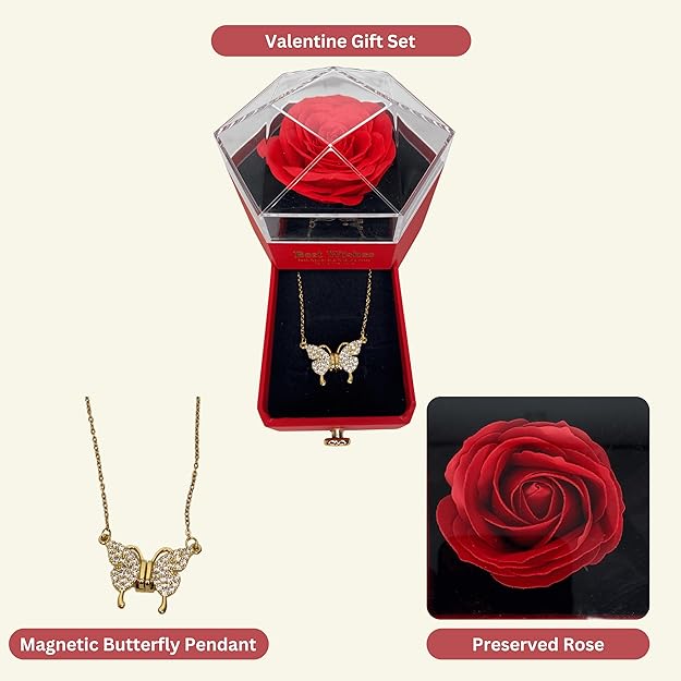Magnetic Butterfly Shaped Pendant with Golden Detailing, Anti-Tarnish Chain and Forever Rose in a Gift Box