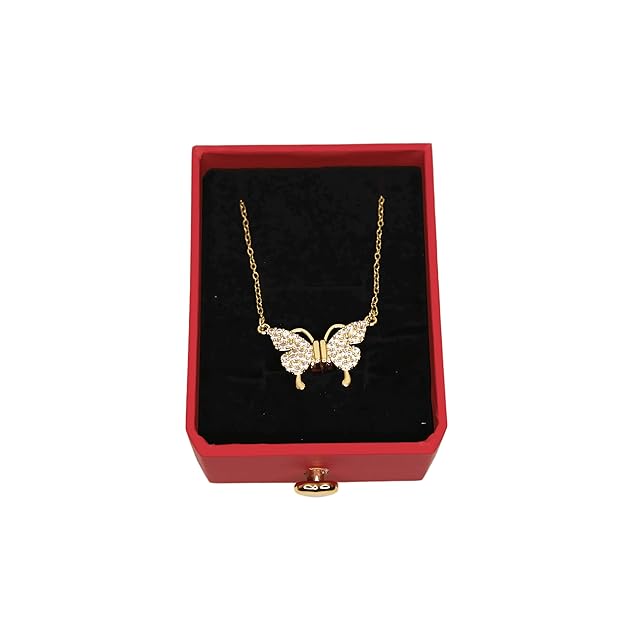 Magnetic Butterfly Shaped Pendant with Golden Detailing, Anti-Tarnish Chain and Forever Rose in a Gift Box