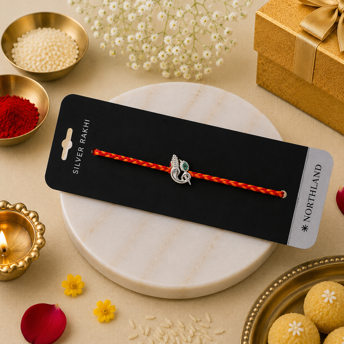 925 Pure Silver Ganesha Rakhi for Brother Bhai - Premium Silver Rakhi with Roli Chawal Pack & Greeting Card | Luxury Raksha Bandhan Gift