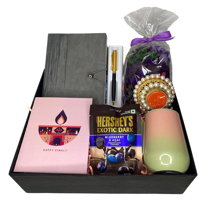 Diwali Gift Hamper - Decorative Diya, Diwali Card, Diary, Pen, Potpourri, Mug with Lid, Dark Chocolate Pack