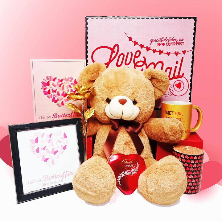 Special 7 Days Hamper for Valentine Week - Teddy Bear, 1 Gold Rose, Scented Candle, Heart Shape Chocolate Gift Pack, Photo frame, Coffee Mug, Greeting Card