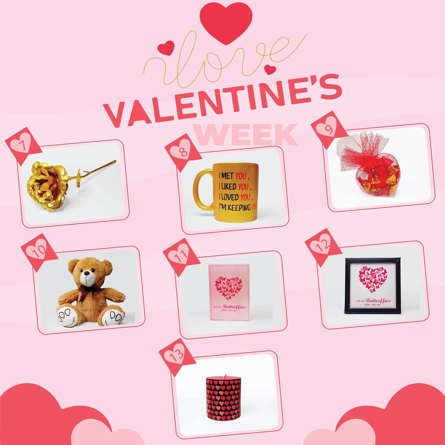 Special 7 Days Hamper for Valentine Week - Teddy Bear, 1 Gold Rose, Scented Candle, Heart Shape Chocolate Gift Pack, Photo frame, Coffee Mug, Greeting Card