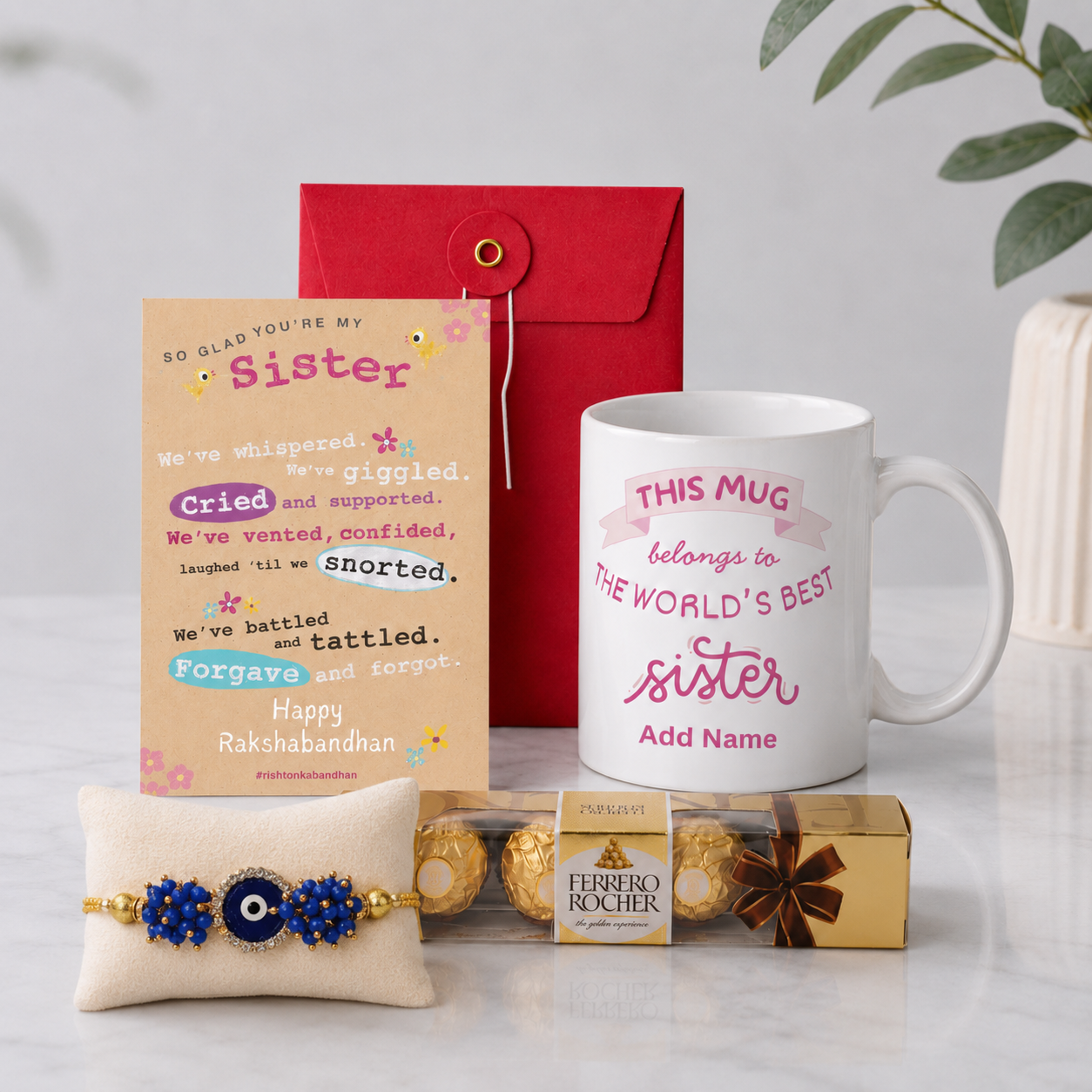 World Best Sister Coffee Mug, Lumba, and Happy Rakshabandhan Greeting Card Gifts Combo for Sister