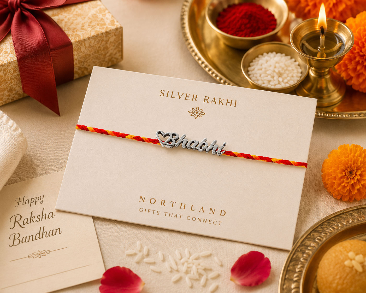 Happy Rakhi Greeting Card with Bhabhi Silver Rakhi for Brother