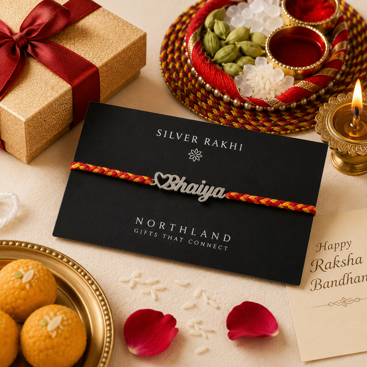 Happy Rakhi Greeting Card with Bhaiya Silver Rakhi for Brother