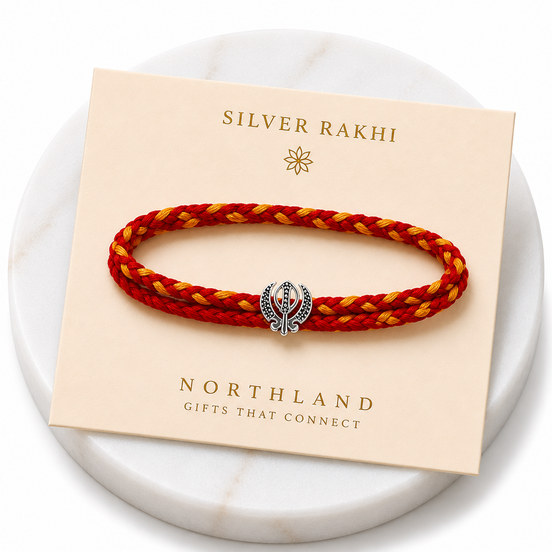 925 Pure Silver Khanda Rakhi for Brother Bhai | Silver Rakhi with Roli Chawal & Greeting Card