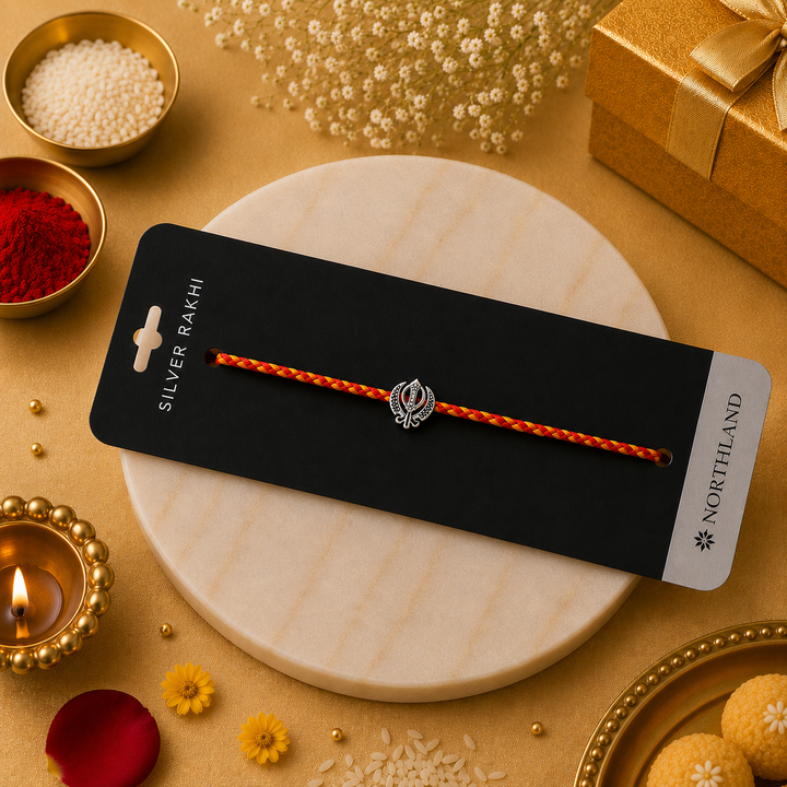 925 Pure Silver Khanda Rakhi for Brother Bhai | Silver Rakhi with Roli Chawal & Greeting Card