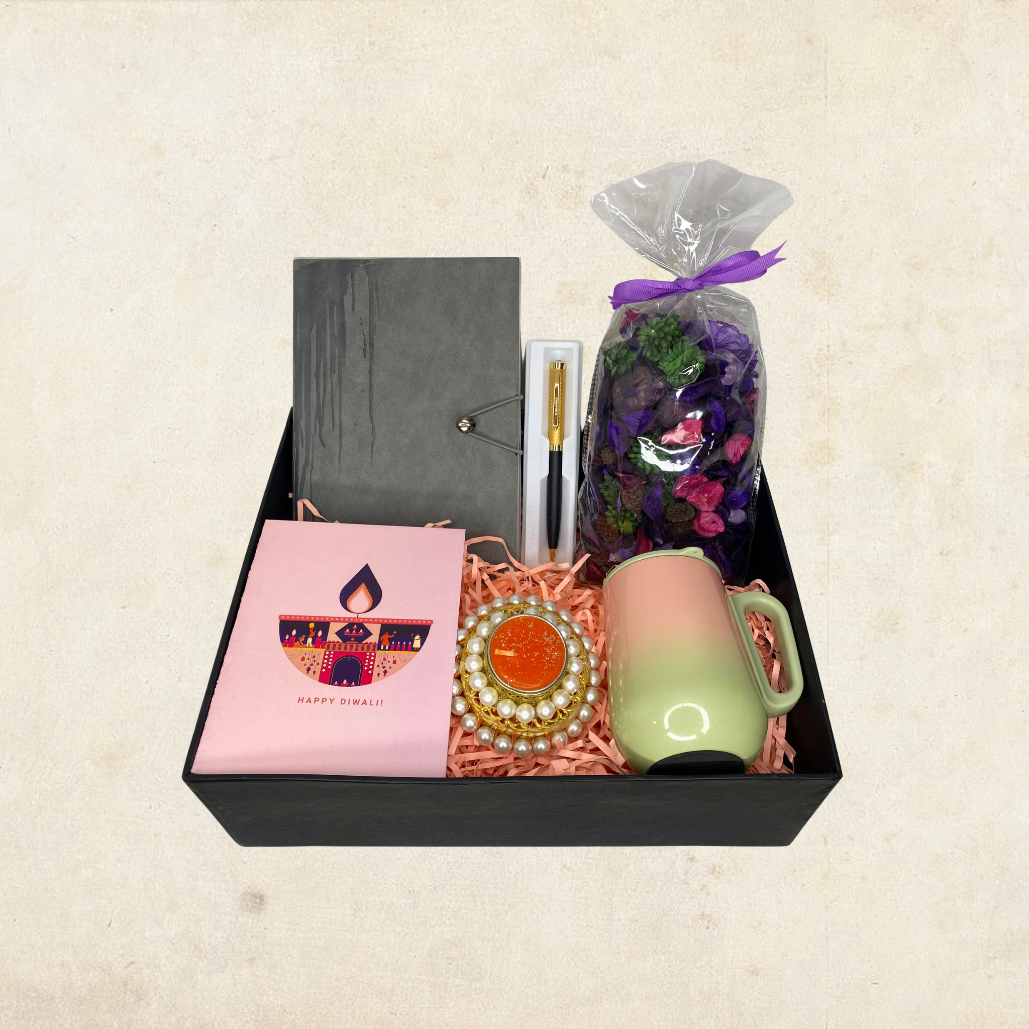 Diwali Gift Hamper - Decorative Diya, Diwali Card, Diary, Pen, Lavender Potpourri, Mug with Lid