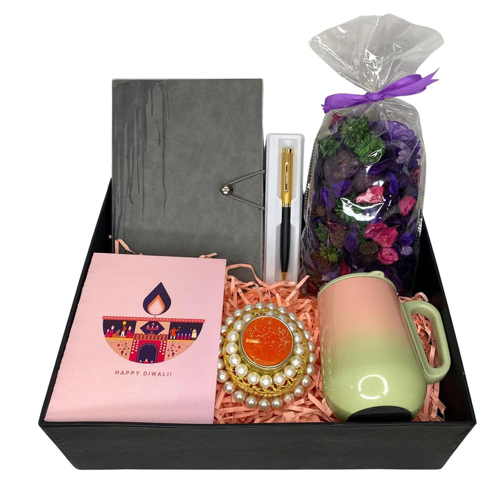 Diwali Gift Hamper - Decorative Diya, Diwali Card, Diary, Pen, Lavender Potpourri, Mug with Lid