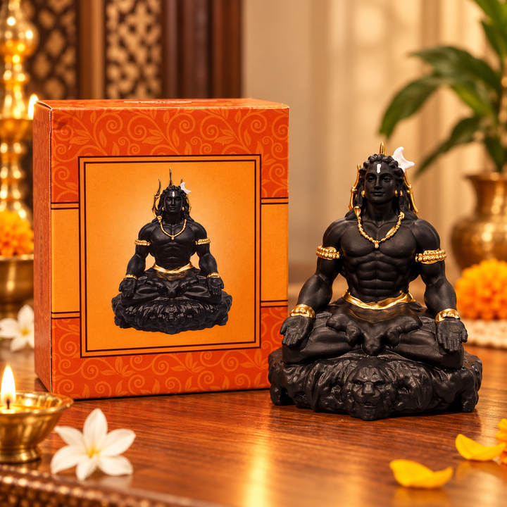 Shiva Idol for Car Dashboard (9 cm) – Black & Gold Resin Mahadev Murti  (Size 9 × 6.5 × 4 cm)