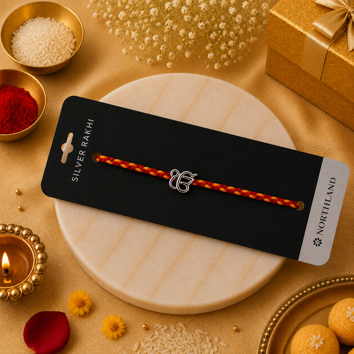 925 Pure Silver Ek Onkar Rakhi for Brother Bhai | Silver Rakhi with Roli Chawal & Greeting Card