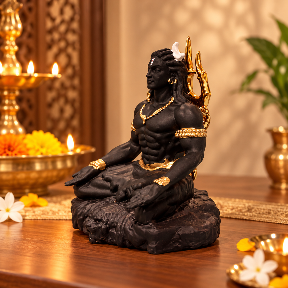 Shiva Idol for Car Dashboard (9 cm) – Black & Gold Resin Mahadev Murti  (Size 9 × 6.5 × 4 cm)