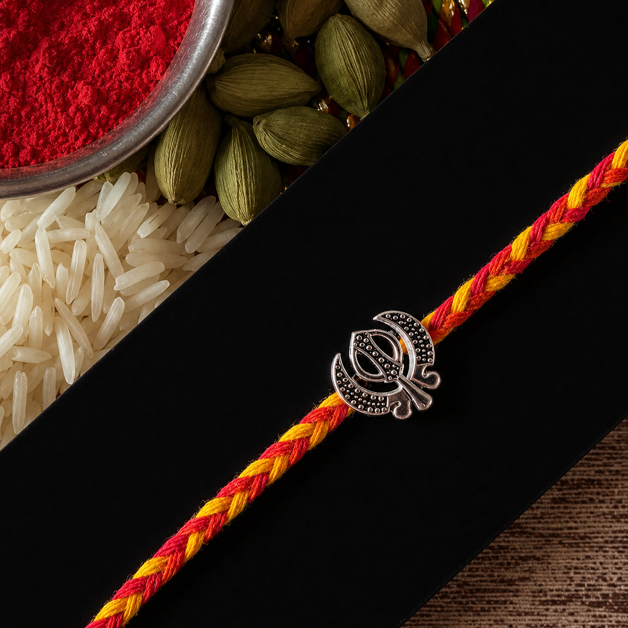 925 Pure Silver Khanda Rakhi for Brother Bhai | Silver Rakhi with Roli Chawal & Greeting Card