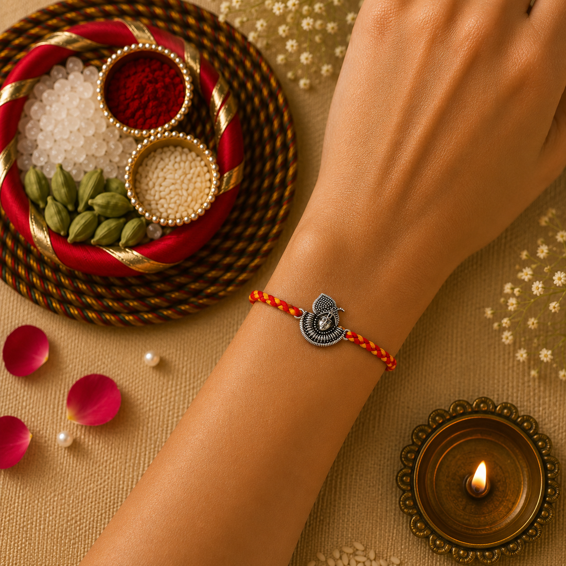 925 Pure Silver Krishna Rakhi for Brother Bhai | Premium 925 Silver Rakhi with Roli Chawal & Greeting Card | Luxury Raksha Bandhan Gift