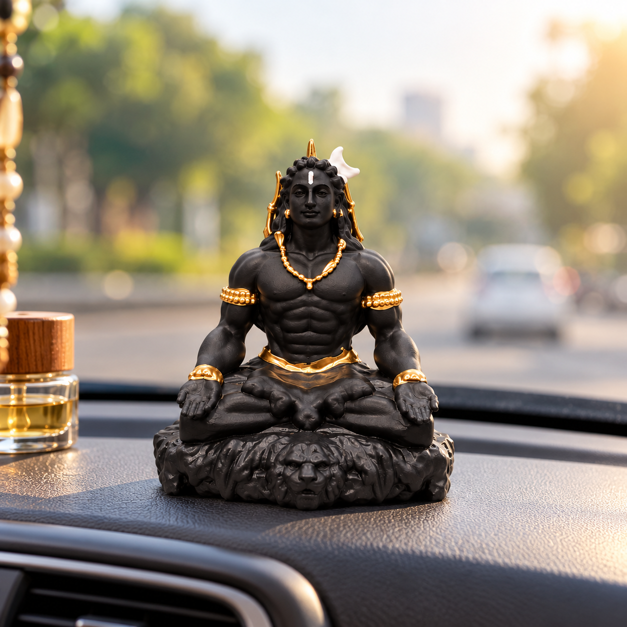 Shiva Idol for Car Dashboard (9 cm) – Black & Gold Resin Mahadev Murti  (Size 9 × 6.5 × 4 cm)