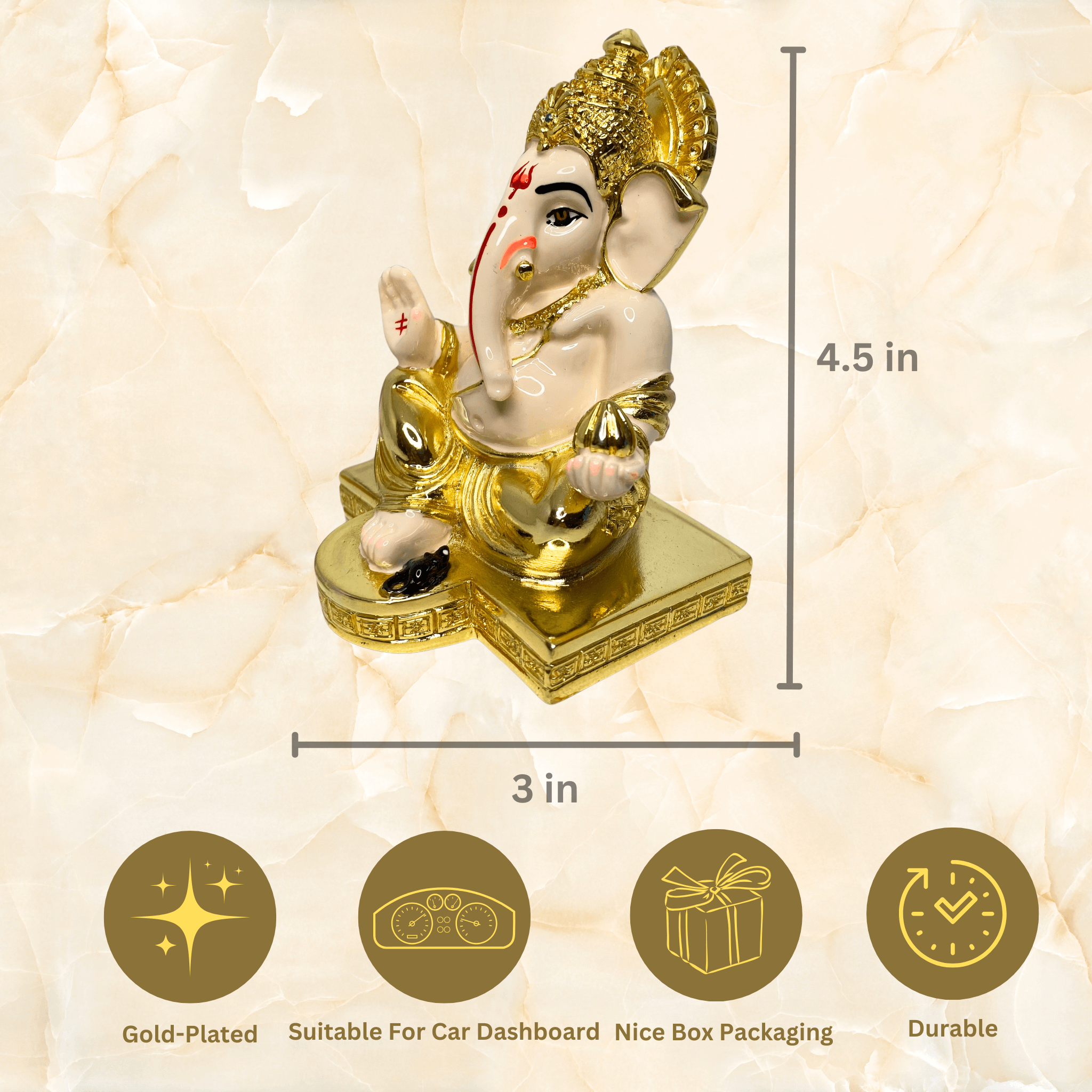 Ganesha 24KT Gold Plated Idol for Home Decor, Office Desk, Car Dashboard