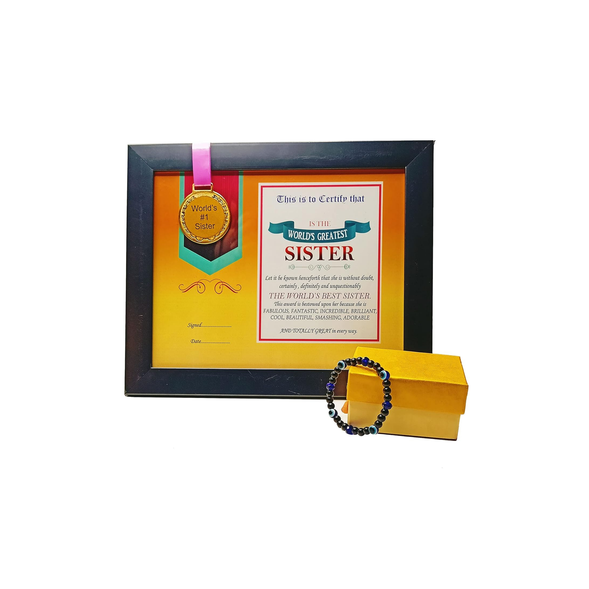 Evil Eye Bracelet, World's Best Sister Framed Certificate with Medal
