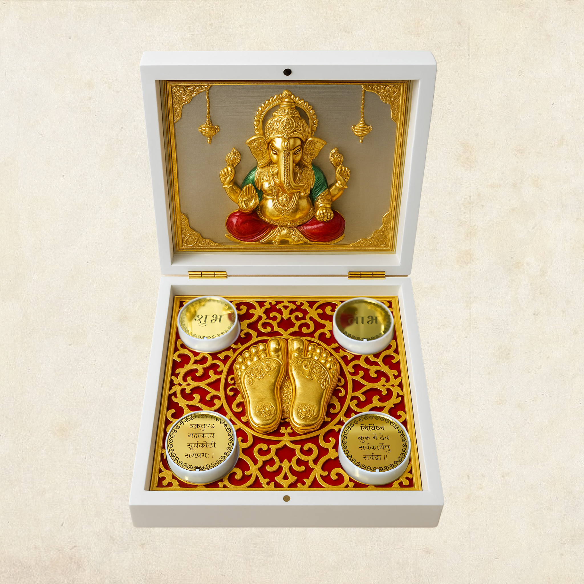 24KT Gold Plated Ganesha Idol with Charan Paduka for Puja and Gifting - Birthday, Anniversary, Diwali - 7 x 7 inches | Pocket Temple Ganesh