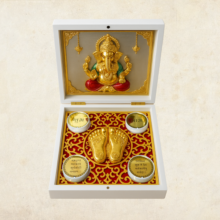 24KT Gold Plated Ganesha Idol with Charan Paduka for Puja and Gifting - Birthday, Anniversary, Diwali - 7 x 7 inches | Pocket Temple Ganesh