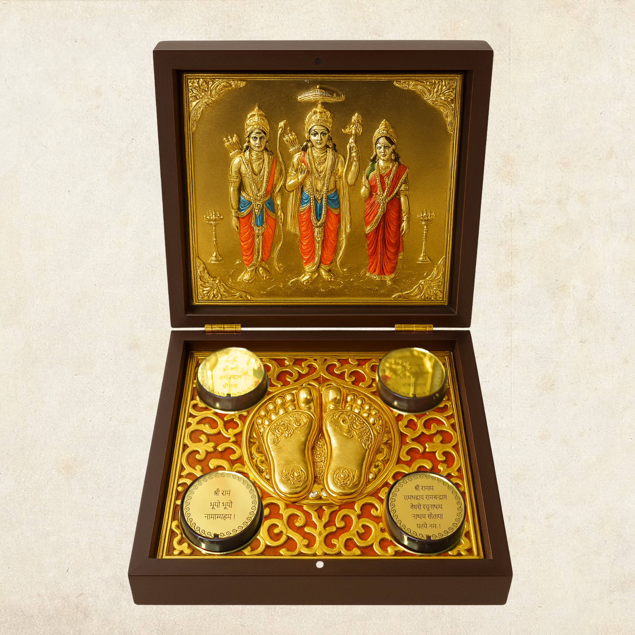 24KT Gold Plated Ram Darbar Idol Murti Statue Showpiece with Charan Paduka for Puja and Gifting - Birthday, Anniversary, Diwali Gift | 7 Inches | Pocket Temple | Ram Darbar Idol for Gifts