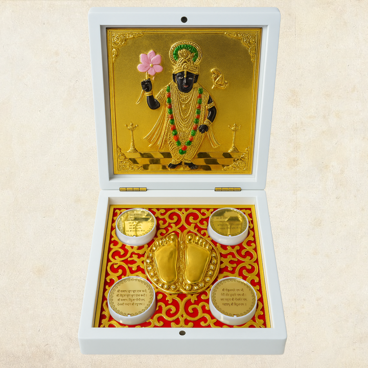 24KT Gold Plated Shrinathji Shreenath Ji Idol Murti Statue Showpiece with Charan Paduka for Puja and Gifting - Birthday, Anniversary, Diwali Gift | Pocket Temple | Shreenathji Idol for Gifts