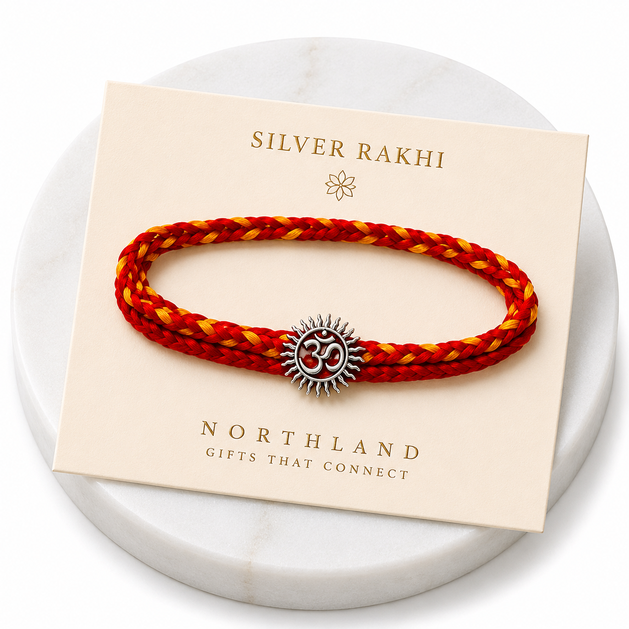 925 Sterling Silver Om Rakhi for Brother | Pure Silver Rakhi with Roli Chawal, Greeting Card
