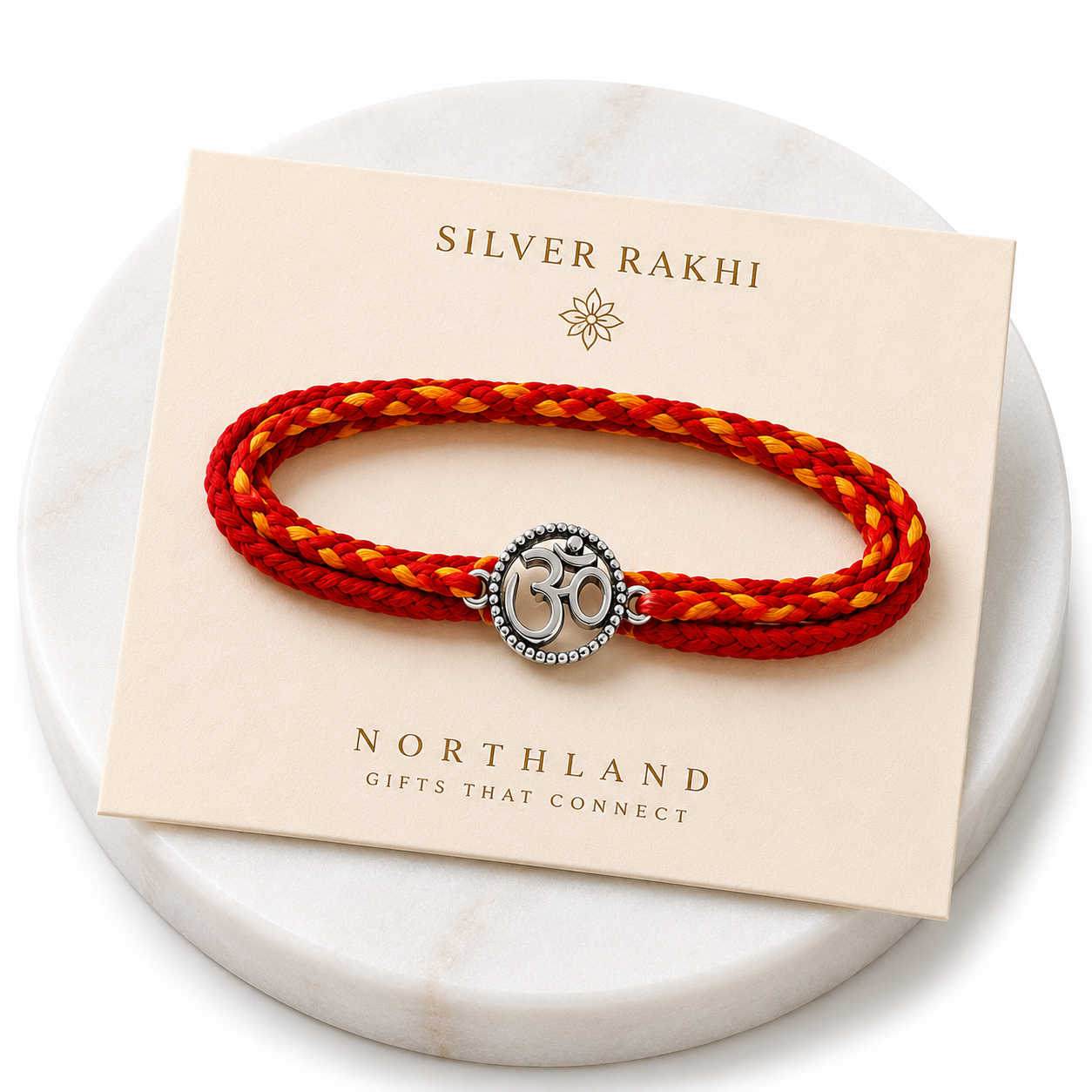 Pure 925 Silver Om Rakhi for Brother Bhai | Silver Rakhi with Roli Chawal & Greeting Card