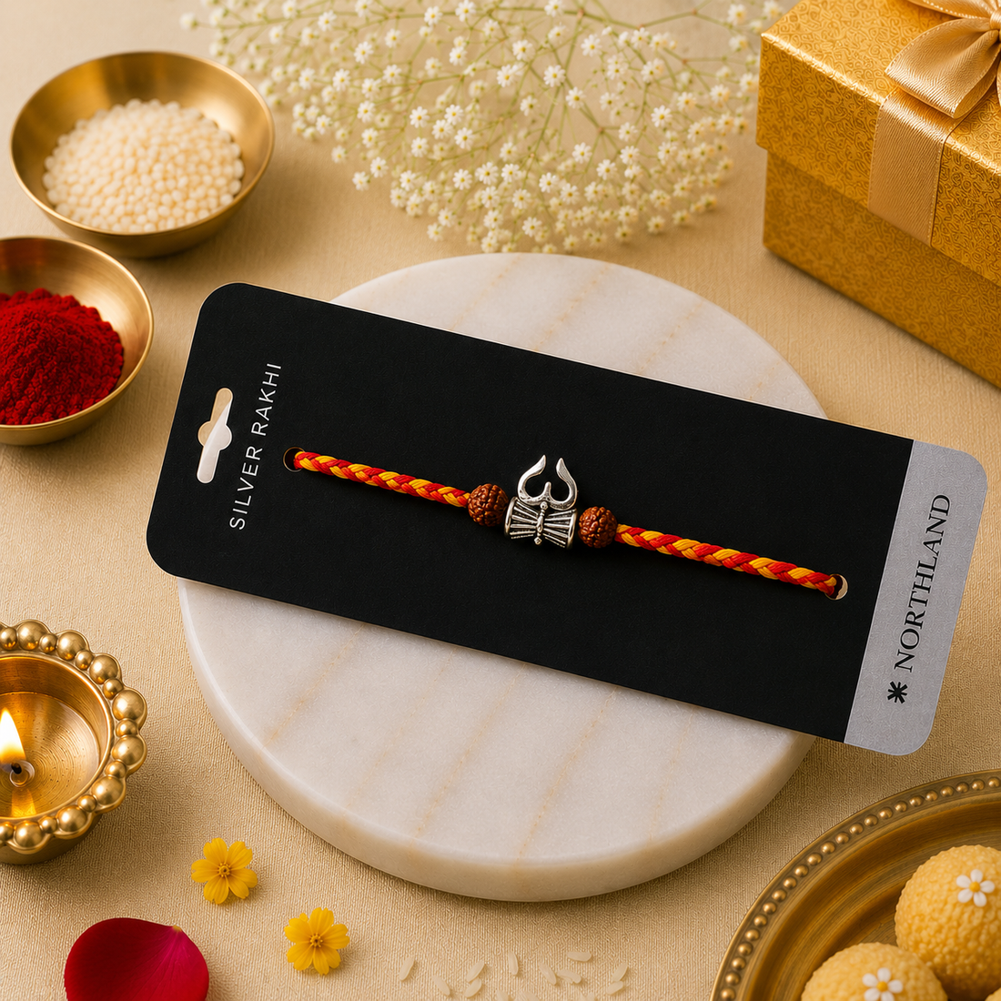 925 Pure Silver Shiv Trishul Rudraksha Rakhi for Brother Bhai | Silver Rakhi with Roli Chawal & Greeting Card Silver