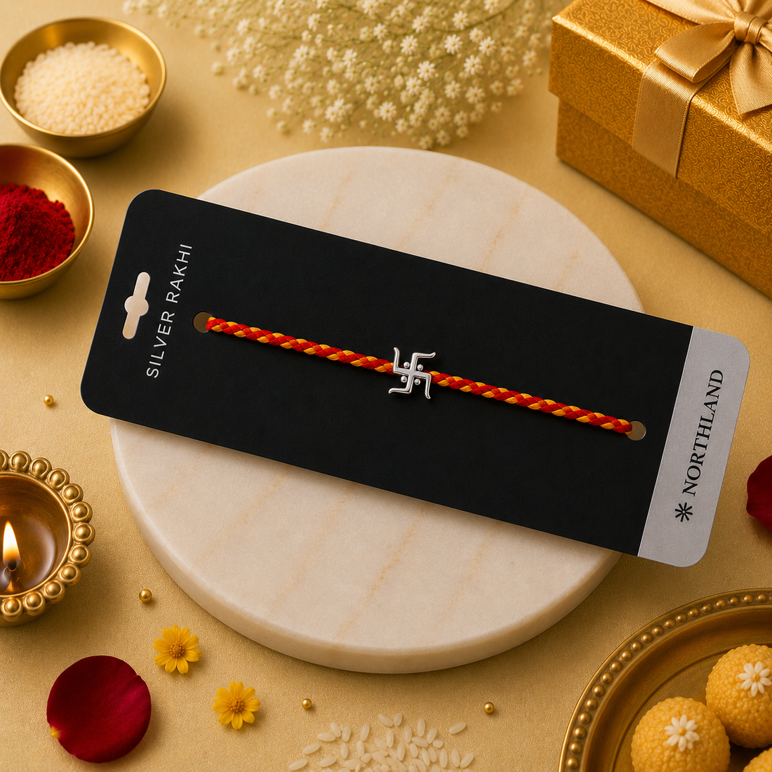 925 Pure Silver Swastik Rakhi for Brother Bhai | Premium 925 Silver Rakhi with Roli Chawal & Greeting Card | Luxury Raksha Bandhan Gift