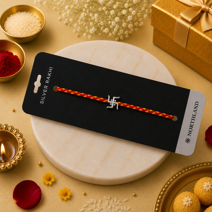 925 Pure Silver Swastik Rakhi for Brother Bhai | Premium 925 Silver Rakhi with Roli Chawal & Greeting Card | Luxury Raksha Bandhan Gift