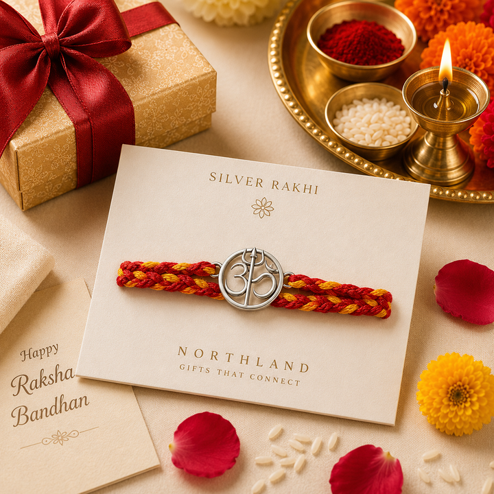 Om Trishul Silver Rakhi for Brother Bro Bhaiya Bhai 925 Sterling Silver Rakhi with Roli Chawal and Rakshabandhan Greeting Card