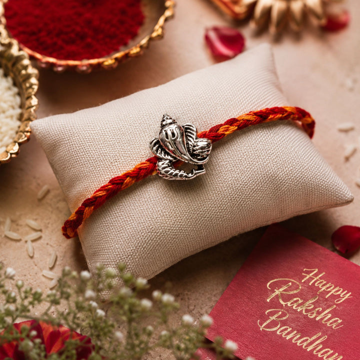 925 Pure Silver Ganesha Rakhi for Brother Bhai | Premium 925 Silver Rakhi with Roli Chawal & Greeting Card | Luxury Raksha Bandhan Gift
