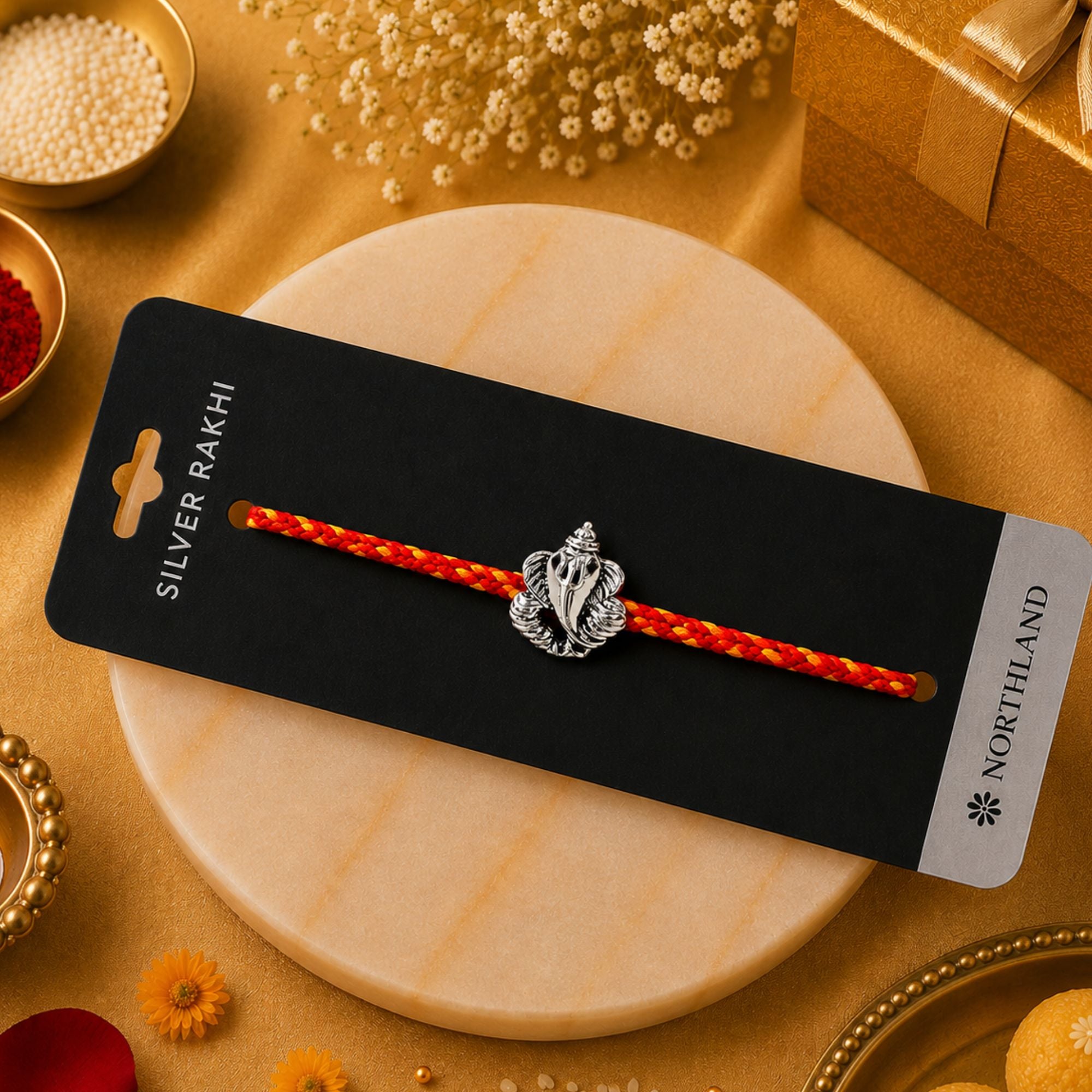 925 Pure Silver Ganesha Rakhi for Brother Bhai | Premium 925 Silver Rakhi with Roli Chawal & Greeting Card | Luxury Raksha Bandhan Gift