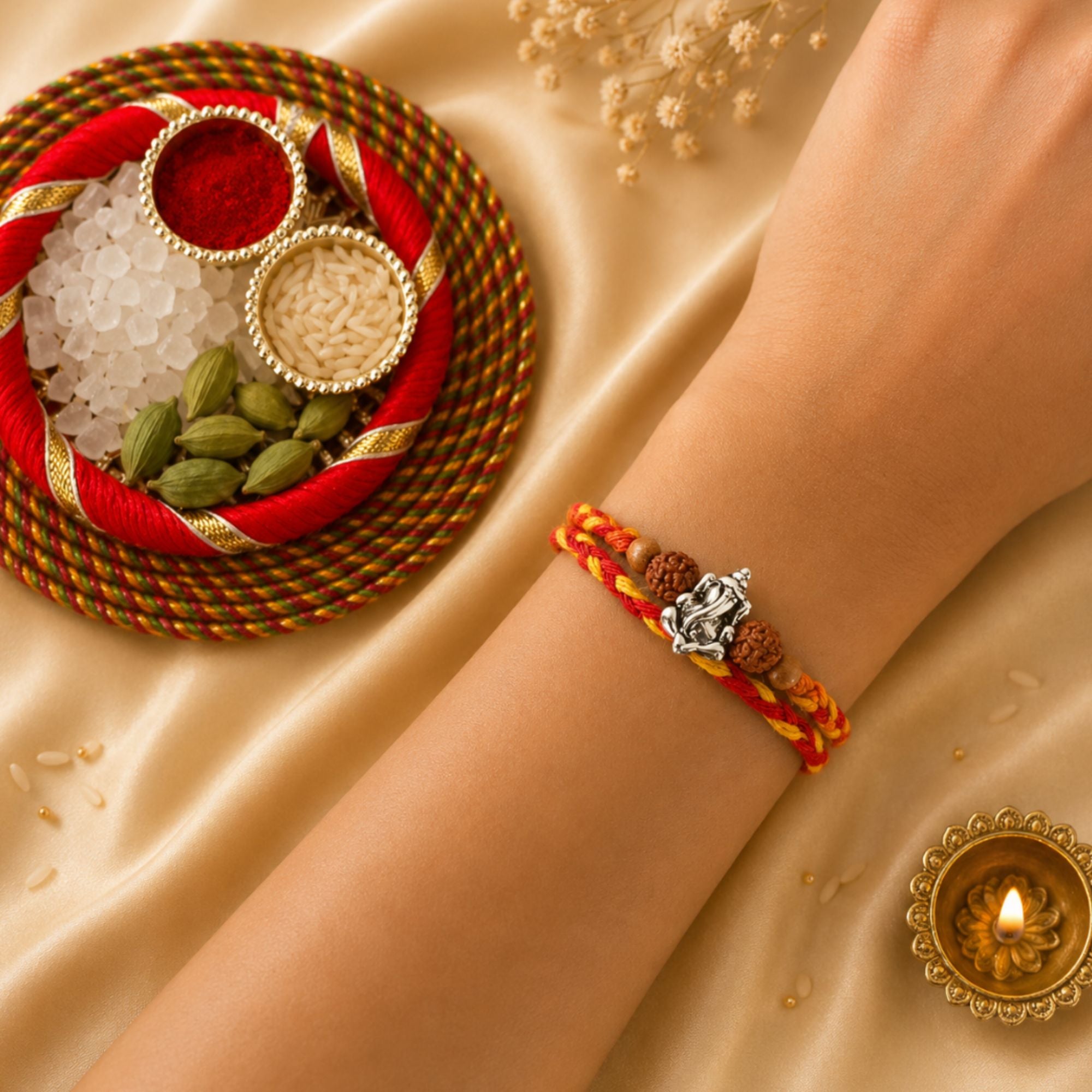 925 Pure Silver Rudraksh Ganesha Rakhi for Brother Bhai - Premium Silver Rakhi with Roli Chawal Pack & Greeting Card | Luxury Raksha Bandhan Gift
