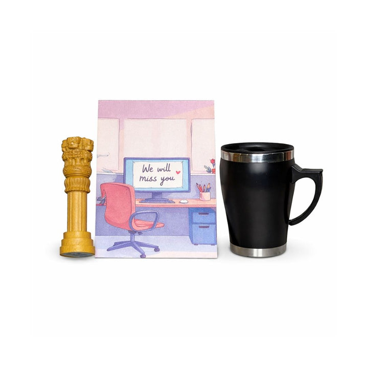 Well Will Miss You Farewell Gift Combo - Stainless Steel Mug Ashok Stambh, Farewell Greeting Card