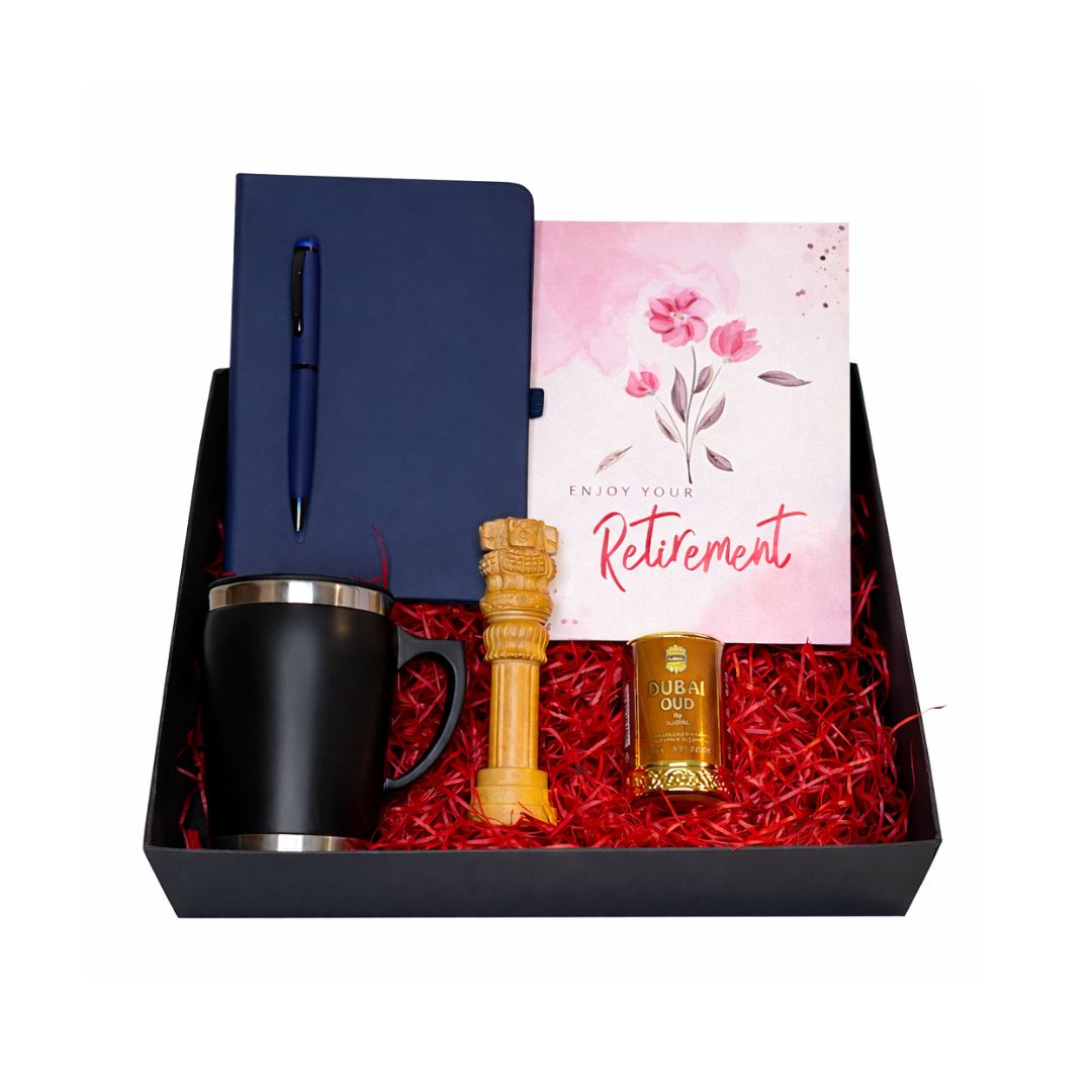 Retirement Gift Hamper for Men & Women - Diary and Pen, Mug, Ashok Stambh, Dubai Oud Perfume, Greeting Card