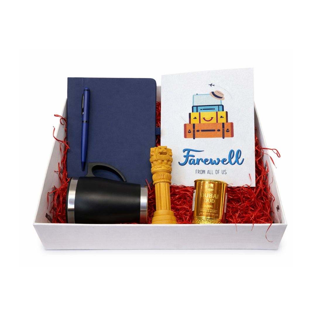 Farewell from All of Us Gift Hamper - Blue Diary & Pen, Black Stainless Stell Mug, Ashok Stambh, Dubai Oud Prefume, Greeting Card
