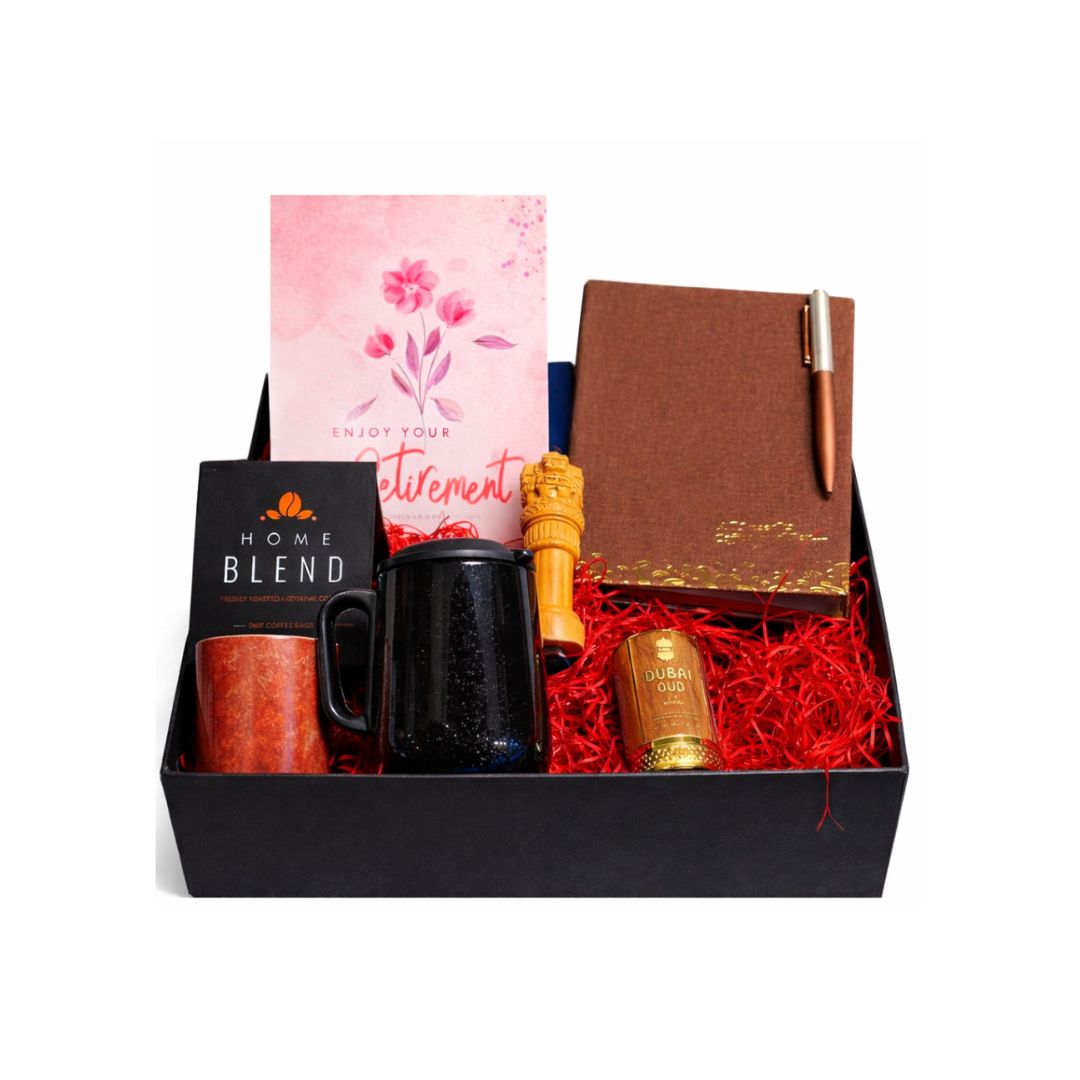 Retirement Gift Hamper - Diary, Pen, Ashok Stambh, Aromatic Candle, Dubai Oud Perfume, Coffee Bag Pack, Greeting Card