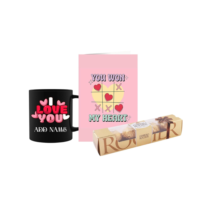 Valentine Gift Combo with Customisable Black Mug, Chocolate Pack, Greeting Card